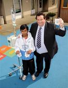 23 August 2009; Republic of Ireland Under-19 manager Sean McCaffrey with Haybat Khan, a patient in St Michaels Ward in Our Lady's Children's Hospital, Crumlin, for the launch of the Four Nations Tournament, which will take place in Dublin and Bray on September 5th, 6th and 8th. Proceeds from children's tickets for the Four Nations matches will be donated to the hospital. The Republic of Ireland, Holland, Portugal and Turkey will compete in the tournament. Our Lady's Children's Hospital, Crumlin, Dublin. Picture credit: Damien Eagers / SPORTSFILE