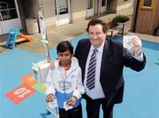 23 August 2009; Republic of Ireland Under-19 manager Sean McCaffrey with Haybat Khan, a patient in St Michaels Ward in Our Lady's Children's Hospital, Crumlin, for the launch of the Four Nations Tournament, which will take place in Dublin and Bray on September 5th, 6th and 8th. Proceeds from children's tickets for the Four Nations matches will be donated to the hospital. The Republic of Ireland, Holland, Portugal and Turkey will compete in the tournament. Our Lady's Children's Hospital, Crumlin, Dublin. Picture credit: Damien Eagers / SPORTSFILE