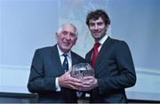 25 November 2015; 1956 Olympic Gold medalist Ronnie Delany Presents Brian Murphy with his Inspirational Performance of the Year on Irish Soil Award during the GloHealth National Athletic Awards 2015, Crowne Plaza Hotel, Santry, Dublin. Picture credit: Matt Browne / SPORTSFILE