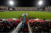 20 November 2015; A general view of the teams walking onto the pitch for the start of the game. European Rugby Champions Cup, Pool 1, Round 2, Ulster v Saracens. Kingspan Stadium, Ravenhill Park, Belfast. Picture credit: Oliver McVeigh / SPORTSFILE