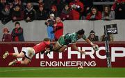 28 November 2015; Bundee Aki, Connacht, scores his side's second try despite the efforts of Andrew Conway, Munster. Guinness PRO12, Round 8, Munster v Connacht. Thomond Park, Limerick. Picture credit: Diarmuid Greene / SPORTSFILE