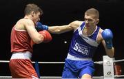 28 November 2015; Conor Wallace, right, St. Monica's Boxing Club, Newry, Co, Down, exchanges punches with Conor Coyle, St. Joseph's Boxing Club, Co. Derry, during their Middleweight 75kg Quarter-Final bout. IABA National Elite Male Championships. National Stadium, Dublin. Photo by Sportsfile