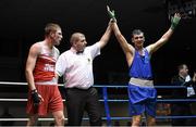 28 November 2015; John Paul Delaney, right, Emerald Boxing Club, Belfast, Co. Antrim, celebrates after beating Matthew Tinker, St Francis Boxing Club, Limerick, during their Light-heavyweight 81kg Quarter-Final bout. IABA National Elite Male Championships. National Stadium, Dublin. Photo by Sportsfile
