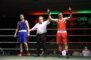 28 November 2015; Darren O'Neill, right, Paulstown Boxing Club, Co. Kilkenny, celebrates after beating Stephen Lawrence, Holy Family Boxing Club, Drogheda, Co. Louth, during their Heavyweight 91kg Quarter-Final bout. IABA National Elite Male Championships. National Stadium, Dublin. Photo by Sportsfile