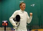 28 November 2015; Bas Vervuijlen, The Netherlands, celebrates after defeating Mateusz Antkiewicz, Poland, to win the Irish Open Fencing Championships. Loughlinstown Leisure Centre, Dun Laoghaire, Co. Dublin. Picture credit: Cody Glenn / SPORTSFILE