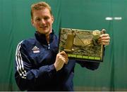 28 November 2015; Bas Vervuijlen, The Netherlands, with the trophy after winning the Irish Open Fencing Championships. Loughlinstown Leisure Centre, Dun Laoghaire, Co. Dublin. Picture credit: Cody Glenn / SPORTSFILE