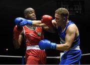 28 November 2015; Bernie O’Reilly, right, Portlaoise Boxing Club, exchanges punches with Kenneth Okungbowa, Athlone Boxing Club, during their Heavyweight 91kg Quarter-Final bout. IABA National Elite Male Championships. National Stadium, Dublin. Photo by Sportsfile