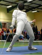 28 November 2015; Eventual third-place female finisher Kerrie Johnson, Northern Ireland, celebrates during a preliminary round during the Irish Open Fencing Championships won by Vervuijlen. Loughlinstown Leisure Centre, Dun Laoghaire, Co. Dublin. Picture credit: Cody Glenn / SPORTSFILE