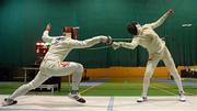 28 November 2015; Wei Wen Lin, Singapore, left, in action against Mateusz Antkiewicz, Poland, during their semi-final contest duringthe Irish Open Fencing Championships in which Antkiewicz won. Loughlinstown Leisure Centre, Dun Laoghaire, Co. Dublin. Picture credit: Cody Glenn / SPORTSFILE