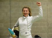 28 November 2015; Eventual third-place female finisher Kerrie Johnson, Northern Ireland, celebrates after qualifying for the final four of the Irish Open Fencing Championships. Loughlinstown Leisure Centre, Dun Laoghaire, Co. Dublin. Picture credit: Cody Glenn / SPORTSFILE