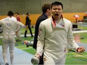 28 November 2015; Eventual third-place finisher Wei Wen Lin, Singapore, celebrates after qualifying for the final four of the Irish Open Fencing Championships. Loughlinstown Leisure Centre, Dun Laoghaire, Co. Dublin. Picture credit: Cody Glenn / SPORTSFILE