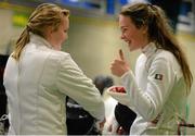 28 November 2015; Roisin Duggan McSweeney, Ireland, and Sophie Lowe, Ireland, after their contest in the Irish Open Fencing Championships. Loughlinstown Leisure Centre, Dun Laoghaire, Co. Dublin. Picture credit: Cody Glenn / SPORTSFILE