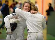 28 November 2015; Sophie Lowe, Ireland, and Roisin Duggan McSweeney, Ireland, after their contest in the Irish Open Fencing Championships. Loughlinstown Leisure Centre, Dun Laoghaire, Co. Dublin. Picture credit: Cody Glenn / SPORTSFILE