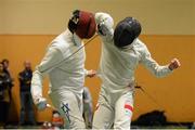 28 November 2015; Mateusz Antkiewicz, Poland, right, in action against Ido Ajzenstadt, Israel, in the Irish Open Fencing Championships. Loughlinstown Leisure Centre, Dun Laoghaire, Co. Dublin.  Picture credit: Cody Glenn / SPORTSFILE