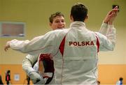 28 November 2015; Mateusz Antkiewicz, Poland, celebrates after defeating Ido Ajzenstadt, Israel, in the Irish Open Fencing Championships. Loughlinstown Leisure Centre, Dun Laoghaire, Co. Dublin. Picture credit: Cody Glenn / SPORTSFILE