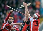 29 November 2015; Tomas Dunne, Oulart the Ballagh, in action against Sean Moran, left, and Cian O'Callaghan, Cuala. AIB Leinster GAA Senior Club Hurling Championship Final, Oulart the Ballagh v Cuala. Netwatch Dr. Cullen Park, Carlow. Picture credit: David Maher / SPORTSFILE