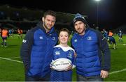 27 November 2015; Leinster matchday mascot Alex Woulfe, from Clontarf, Dublin, with Leinster's Fergus McFadden, left, and Aaron Dundon ahead of Leinster v Ulster - Guinness PRO12, Round 8. RDS, Ballsbridge, Dublin. Picture credit: Stephen McCarthy / SPORTSFILE