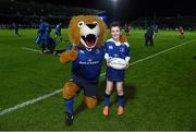 27 November 2015; Leinster matchday mascot Alex Woulfe, from Clontarf, Dublin, with Leo The Lion ahead of Leinster v Ulster - Guinness PRO12, Round 8. RDS, Ballsbridge, Dublin. Picture credit: Stephen McCarthy / SPORTSFILE