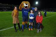 27 November 2015; Leinster matchday mascot Alex Woulfe, from Clontarf, Dublin, and family with Leo The Lion ahead of Leinster v Ulster - Guinness PRO12, Round 8. RDS, Ballsbridge, Dublin. Picture credit: Stephen McCarthy / SPORTSFILE