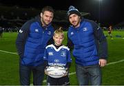 27 November 2015; Leinster matchday mascot Tom Coyle, from Kildare, with Leinster's Fergus McFadden, left, and Aaron Dundon ahead of Leinster v Ulster - Guinness PRO12, Round 8. RDS, Ballsbridge, Dublin. Picture credit: Stephen McCarthy / SPORTSFILE