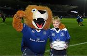 27 November 2015; Leinster matchday mascot Tom Coyle, from Kildare, with Leo The Lion ahead of Leinster v Ulster - Guinness PRO12, Round 8. RDS, Ballsbridge, Dublin. Picture credit: Stephen McCarthy / SPORTSFILE
