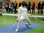 28 November 2015; Eventual third-place finisher Kerrie Johnson, Northern Ireland, celebrates qualifying for the final four during the Irish Open Fencing Championships. Loughlinstown Leisure Centre, Dun Laoghaire, Co. Dublin. Picture credit: Cody Glenn / SPORTSFILE