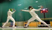 28 November 2015; Rachel Connor, Northern Ireland, right, in action against Kate Coleman Lenihan, Ireland, in the final  of the women's portion of the Irish Open Fencing Championships. Loughlinstown Leisure Centre, Dun Laoghaire, Co. Dublin. Picture credit: Cody Glenn / SPORTSFILE