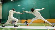 28 November 2015; Bas Vervuijlen, The Netherlands, right, in action against Uros Balant, Slovenia, in their semi-final contest during the Irish Open Fencing Championships. Loughlinstown Leisure Centre, Dun Laoghaire, Co. Dublin. Picture credit: Cody Glenn / SPORTSFILE