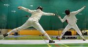 28 November 2015; Bas Vervuijlen, The Netherlands, right, in action against Uros Balant, Slovenia, in their semi-final contest during the Irish Open Fencing Championships. Loughlinstown Leisure Centre, Dun Laoghaire, Co. Dublin. Picture credit: Cody Glenn / SPORTSFILE