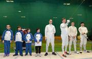 28 November 2015; Eventual winner Bas Vervuijlen, The Netherlands, is introduced alongside the four finalists Uros Balant, Slovenia, left to right from centre, Mateusz Antkiewicz, Poland, and Wei Wen Lin, Singaporte during the Irish Open Fencing Championships alongside youth members of the Pembroke Fencing Club, from left, Dasha Lee, 11, Matteo Sanvito, 10, Leon Gautier Loftous, 8, and Claudio Sosa, 11. Loughlinstown Leisure Centre, Dun Laoghaire, Co. Dublin. Picture credit: Cody Glenn / SPORTSFILE