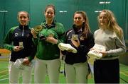 28 November 2015; Top four female finishers in the Irish Open Fencing Championships, left to right, second place Kate Coleman Lenihan, Ireland, first place Rachel Connor, Northern Ireland, third place Kerrie Johnson, Northern Ireland, and fourth place Charlotte Slater, Northern Ireland. Loughlinstown Leisure Centre, Dun Laoghaire, Co. Dublin. Picture credit: Cody Glenn / SPORTSFILE