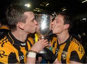 29 November 2015; Paul Hughes and James Morgan, Crossmaglen, kiss the Seamus McFerrnan cup after the game. AIB Ulster GAA Senior Club Football Championship Final, Crossmaglen v Scotstown. Crossmaglen, Co. Armagh. Picture credit: Oliver McVeigh / SPORTSFILE