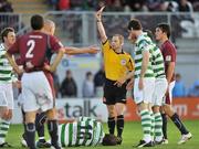 28 August 2009; Referee Anthony Buttimer, shows the red card to Shane Guthrie, Galway United, third from left. League of Ireland Premier Division, Galway United v Shamrock Rovers, Terryland Park, Galway. Picture credit: David Maher / SPORTSFILE