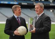 27 August 2009; Tyrone football legend Frank McGuigan joins gaelic football legends Peter Nolan, Offaly, Donie O'Sullivan, Kerry, Dermot Earley, Roscommon, Jimmy Keaveney, Dublin, Mick O'Dwyer, Kerry, and Paddy Doherty, Down, as he was inducted into the MBNA Kick Fada Hall of Fame at a ceremony in Croke Park. Tyrone football legend Frank McGuigan is presented with his MBNA Kick Fada Hall of Fame award by Will Curley, CEO, MBNA Ireland. Croke Park, Dublin. Picture credit: Pat Murphy / SPORTSFILE