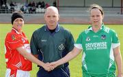 29 August 2009; Referee Gavin Corrigan with team captains Edel McKeown Sloane, Louth, and Mary Ita Casey, Limerick. TG4 All-Ireland Ladies Football Junior Championship Semi-Final, Limerick v Louth, Athy, Co. Kildare. Picture credit: Matt Browne / SPORTSFILE