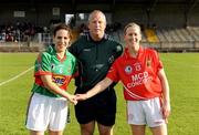 29 August 2009; Team captains Martha Carter, left, Mayo and Mary O'Connor, Cork, shake hands in the company of referee Keith Delahunty. TG4 All-Ireland Ladies Football Senior Championship Semi-Final, Cork v Mayo, McDonagh Park, Nenagh, Co. Tipperary. Picture credit: Brendan Moran / SPORTSFILE