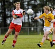 29 August 2009; Ashleen McCaul, Derry, in action against Maread Cooper, Antrim. TG4 All-Ireland Ladies Football Junior Championship Semi-Final, Antrim v Derry, Wolfe Tones GAA Club, Kildress, Co. Tyrone. Picture credit: Michael Cullen / SPORTSFILE