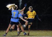 3 December 2015; Sarah Rowe, DCU, scores a point despite the attempts of  Sarah Gormally, UCD. Senior Women's Football League Final, UCD vs DCU, Belfield, Dublin. Picture credit: Sam Barnes / SPORTSFILE