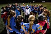 3 December 2015; Peter Clark, centre left, and Angie McNally, centre right, UCD, lead a team talk after the game. Senior Women's Football League Final, UCD vs DCU, Belfield, Dublin. Picture credit: Sam Barnes / SPORTSFILE