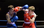 4 December 2015; John Joyce, St Michael's Boxing Club Athy, Co. Kildare, left, exchanges punches with Ferghus Quinn, Camlough ABC Boxing Club, Co. Armagh, during their 75kg quarter-final bout . IABA National Elite Championships, National Boxing Stadium, Dublin. Picture credit: Piaras Ó Mídheach / SPORTSFILE