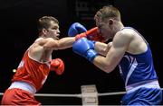 4 December 2015; Adam Nolan, Bray Boxing Club, Co. Wicklow, left, exchanges punches with Michael Bustard, Monkstown Boxing Club, Co. Dublin, during their 69kg semi-final bout. IABA National Elite Championships, National Boxing Stadium, Dublin. Picture credit: Piaras Ó Mídheach / SPORTSFILE