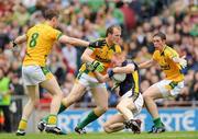 30 August 2009; Seamus Scanlon, Kerry, is surrounded by Meath players Nigel Crawford, left,  Joe Sheridan and David Bray. GAA All-Ireland Senior Football Championship Semi-Final, Kerry v Meath, Croke Park, Dublin. Picture credit: Ray McManus / SPORTSFILE