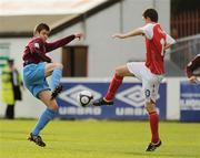 30 August 2009; Alan Cawley, St. Patrick's Athletic, in action against Eric McGill, Drogheda United. League of Ireland Premier Division, St. Patrick's Athletic v Drogheda United, Richmond Park, Dublin. Photo by Sportsfile