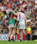 30 August 2009; Mayo goalkeeper Michael Slingermann is congratulated by full-back Keith Rogers after the game.  ESB GAA All-Ireland Minor Football Championship Semi-Final, Mayo v Down, Croke Park, Dublin. Picture credit: Ray McManus / SPORTSFILE