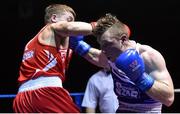 5 December 2015; Wayne Kelly, Athlone, left, trades punches with Ray Moylette, St Annes, during their 64kg bout. IABA National Elite Championships. National Boxing Stadium, Dublin. Picture credit: Ramsey Cardy / SPORTSFILE