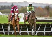 6 December 2015; Eventual winner A Great View, right, with Barry Geraghty up, jumps the last alongside Attribution, with Bryan Cooper up, on their way to winning the Ladies Free Admission On New Years Eve Rated Novice Hurdle. Horse Racing from Punchestown. Punchestown, Co. Kildare. Picture credit: Cody Glenn / SPORTSFILE