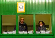 6 December 2015; Programme sellers Síle Maloney and Eamonn Cunningham get ready before the game. AIB Leinster GAA Senior Club Football Championship Final, Portlaoise v Ballyboden St Enda's. O'Connor Park, Tullamore, Co. Offaly. Picture credit: Ray McManus / SPORTSFILE