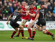 6 December 2015; Denis Hurley, Munster, in action against Dorian Jones and Nic Cudd, Newport Gwent Dragon. Guinness PRO12, Round 9, Newport Gwent Dragons v Munster. Rodney Parade, Newport, Wales. Picture credit: Gareth Everett / SPORTSFILE