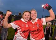 6 December 2015; Arlene Keenan, left, and Hazel Kingham, Donaghmoyne, celebrate at the end of the game. All-Ireland Ladies Senior Club Championship Final, Donaghmoyne v Mourneabbey. Parnell Park, Dublin. Picture credit: David Maher / SPORTSFILE