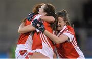 6 December 2015; Donaghmoyne players, from left, Joanne Geoghegan, Amanda Casey and Eilleen McElroy, celebrate at the end of the game. All-Ireland Ladies Senior Club Championship Final, Donaghmoyne v Mourneabbey. Parnell Park, Dublin. Picture credit: David Maher / SPORTSFILE